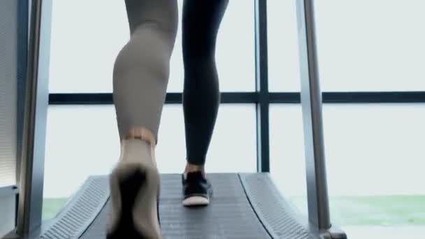 Női lábak futópadon a modern tornateremben. — Stock videók