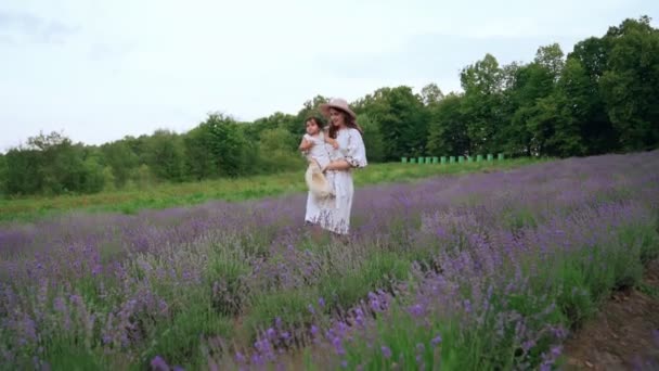 Woamn wandelen met baby meisje in lavendelveld. — Stockvideo