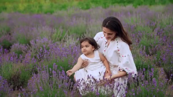 Anya szórakozik a babával a levendulamezőn. — Stock videók