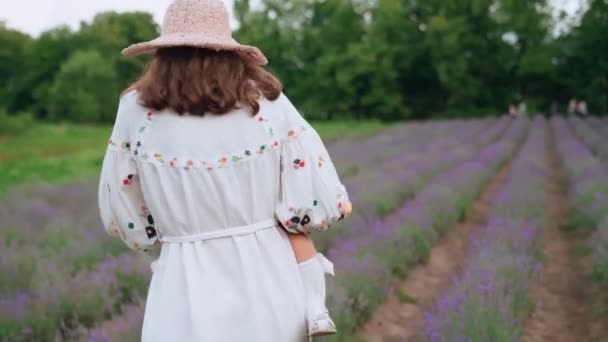 Anyatánc babával a kezén a levendulamezőn. — Stock videók