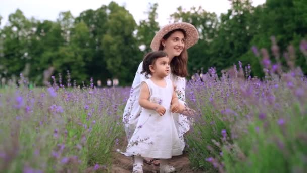 Anya élvezi az időt a kislánnyal a levendulamezőn. — Stock videók