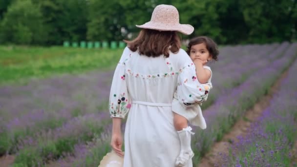 Anya gyermekével a kezén jár a levendulamezőn. — Stock videók