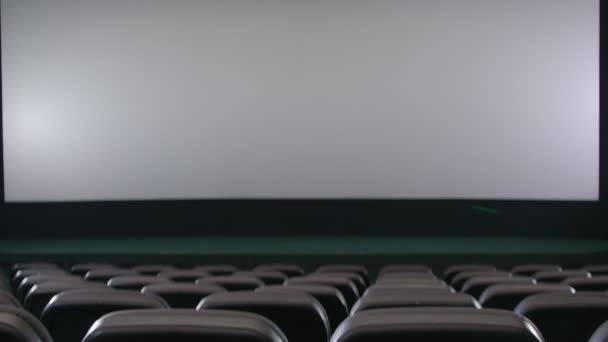 Boş ekran ve sıra sıra koltuklu geniş sinema salonu.. — Stok video
