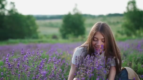 Usmívající se žena čichající vůni v levandulovém poli. — Stock video