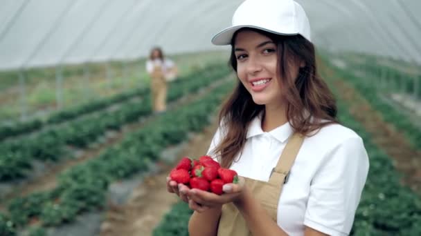 Souriant jeune femme reniflant fraises fraîches. — Video