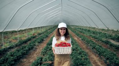 Gülen kadın elinde taze çilek sepeti tutuyor..