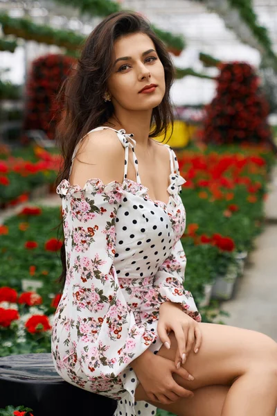 Mulher atraente em vestido elegante posando em orangery — Fotografia de Stock