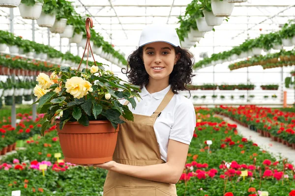 Woman in uniform posing at greenhouse with flower pot — Stock Photo, Image
