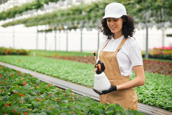 Female gardener standing at greenhouse with water sprayer — Stock Photo, Image