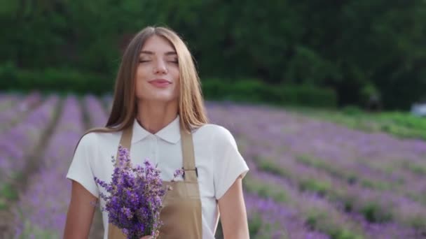 Okouzlující dívka čichající vůni levandulového pole. — Stock video