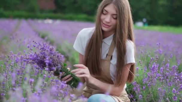 Счастливая девушка делает лавандовый букет в поле. — стоковое видео