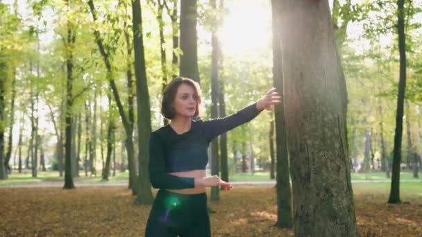 Donna che pratica esercizi rilassanti per le braccia al parco — Video Stock
