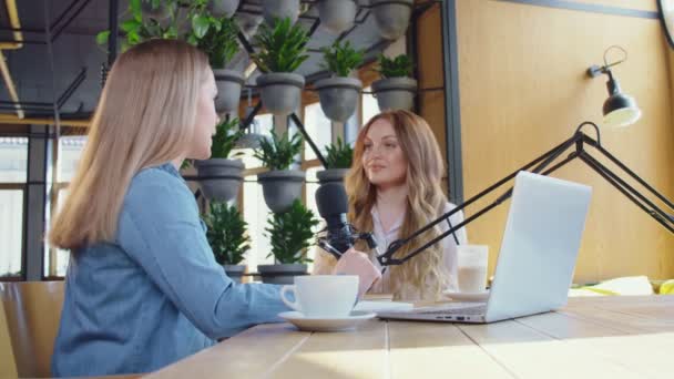 Female journalist talking with popular blogger at cafe — 图库视频影像