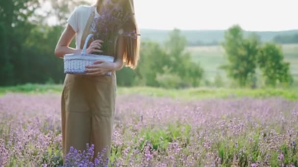 Happy girl korzystających zapach lawendy kwiaty w polu. — Wideo stockowe