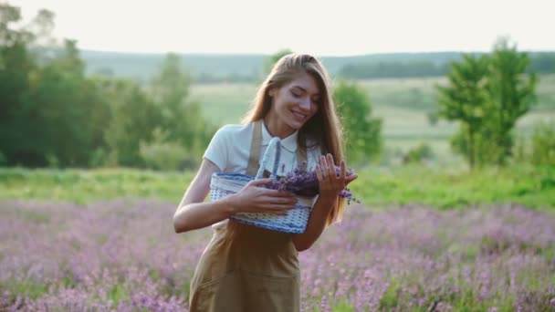Happy girl gospodarstwa kosz z kwiatów lawendy w polu. — Wideo stockowe