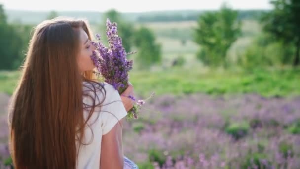 Menina feliz coletando flores de lavanda no campo. — Vídeo de Stock