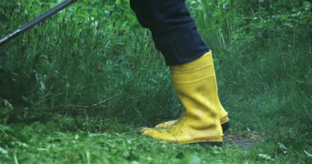 Zahradník pomocí elektrické sekačky pro ořezávání vysoké trávy — Stock video