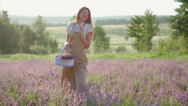 Щаслива молода жінка-фермер позує в лавандовому полі . — стокове відео