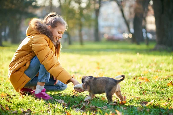 Kindermädchen ruht mit hübschem Welpen im Park. — Stockfoto