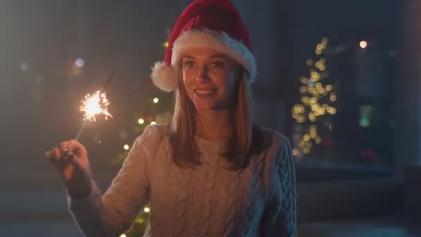 Femme utilisant des étincelles lors de la célébration de la nouvelle année — Video