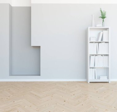 Büyük bir duvarı olan boş İskandinav aydınlatma odası fikri. Arkaplan iç mimarisi. İç mekan fikri. 3B illüstrasyon