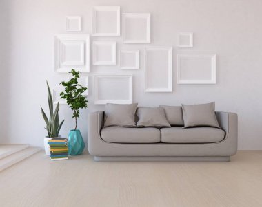 Beyaz oturma odasının içinde kanepe, ahşap zeminde güneş ışığı, büyük bir duvarda dekor. Renkli elementlerin iç mimarisi ile kuzeye dönük. 3B illüstrasyon