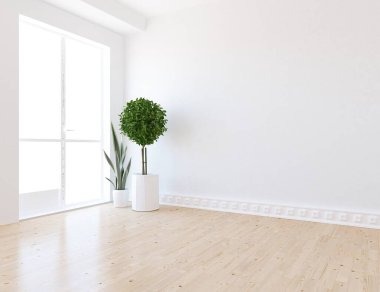 Büyük bir duvarı olan boş İskandinav aydınlatma odası fikri. Arkaplan iç mimarisi. İç mekan fikri. 3B illüstrasyon