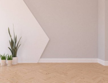 Büyük bir duvarı olan boş İskandinav aydınlatma odası fikri. Arkaplan iç mimarisi. İç mekan fikri. 3B illüstrasyon