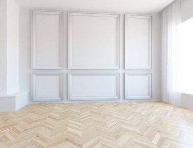 Büyük bir duvarı olan boş İskandinav aydınlatma odası fikri. Arkaplan iç mimarisi. İç mekan fikri. 3B illüstrasyon