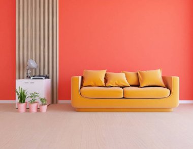 Mercan oturma odasının içinde kanepe, ahşap zeminde güneş ışığı, büyük bir duvarda dekor. Renkli elementlerin iç mimarisi ile kuzeye dönük. 3B illüstrasyon