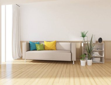 Beyaz oturma odasının içinde kanepe, ahşap zeminde güneş ışığı, büyük bir duvarda dekor. Renkli elementlerin iç mimarisi ile kuzeye dönük. 3B illüstrasyon