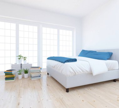 Beyaz yatak odalı, yataklı, ahşap zeminde güneş ışığı, büyük bir duvarda dekor. Renkli elementlerin iç mimarisi ile kuzeye dönük. 3B illüstrasyon