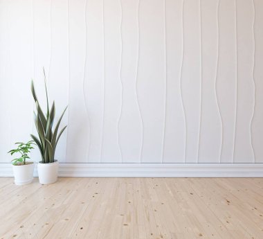 Büyük bir duvarı olan boş İskandinav aydınlatma odası fikri. Arkaplan iç mimarisi. İç mekan fikri. 3B illüstrasyon