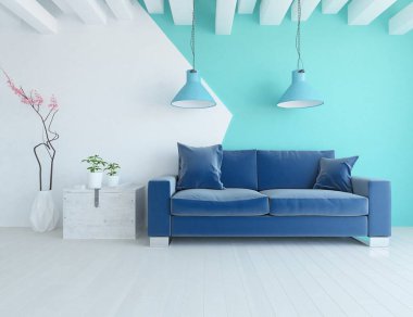 Mavi oturma odasının içinde kanepe, ahşap zeminde güneş ışığı, büyük bir duvarda dekor. Renkli elementlerin iç mimarisi ile kuzeye dönük. 3B illüstrasyon