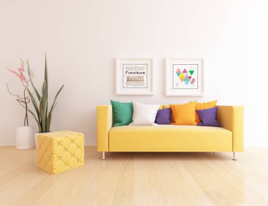 Beyaz oturma odasının içinde kanepe, ahşap zeminde güneş ışığı, büyük bir duvarda dekor. Renkli elementlerin iç mimarisi ile kuzeye dönük. 3B illüstrasyon