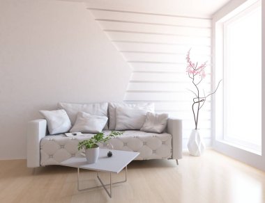 Beyaz oturma odasının içinde kanepe, ahşap zeminde güneş ışığı, büyük bir duvarda dekor. İç mekan olarak İskandinav tarzı. 3B illüstrasyon