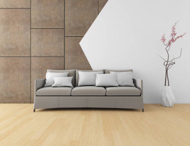 Beyaz oturma odasının içinde kanepe, ahşap zeminde güneş ışığı, büyük bir duvarda dekor. Renkli elementlerin iç mimarisi ile kuzeye dönük. 3B illüstrasyon