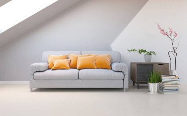 Beyaz oturma odasının içinde kanepe, ahşap zeminde güneş ışığı, büyük bir duvarda dekor. Renkli elementlerin iç mimarisi ile kuzeye dönük. 3B illüstrasyon