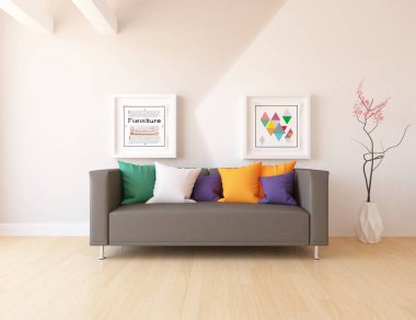 Beyaz oturma odasının içinde kanepe, ahşap zeminde güneş ışığı, büyük bir duvarda dekor. Renkli elementlerin iç mimarisi ile kuzeye dönük. 3B illüstrasyon