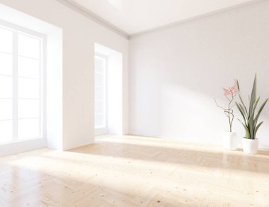 Büyük bir duvarı olan boş İskandinav aydınlatma odası fikri. Arkaplan iç mimarisi. İç mekan fikri. 3B illüstrasyon