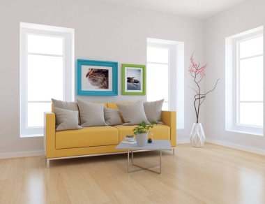 Beyaz oturma odasının içinde kanepe, ahşap zeminde güneş ışığı, büyük bir duvarda dekor. Renkli elementlerin iç mimarisi ile kuzeye dönük. 3B illüstrasyon