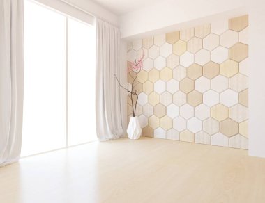 Büyük bir duvarı olan boş İskandinav aydınlatma odası fikri. Arkaplan iç mimarisi. İç mekan fikri. 3B illüstrasyon