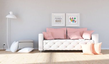 Beyaz oturma odasının içinde kanepe, ahşap zeminde güneş ışığı, büyük bir duvarda dekor. Renkli elementlerin iç mimarisi ile kuzeye dönük. 3B illüstrasyon