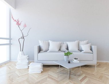 Beyaz oturma odasının içinde kanepe, ahşap zeminde güneş ışığı, büyük bir duvarda dekor. İç mekan olarak İskandinav tarzı. 3B illüstrasyon