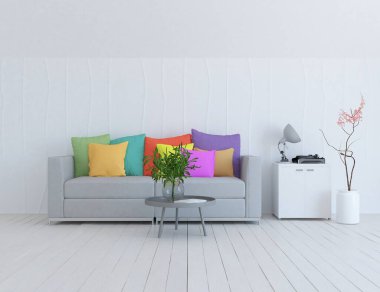 Beyaz oturma odasının içinde kanepe, ahşap zeminde güneş ışığı, büyük bir duvarda dekor. Renkli elementlerin iç mimarisi ile kuzeye dönük. 3B illüstrasyon