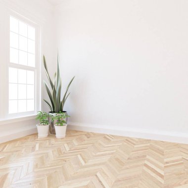 Büyük bir duvarı olan boş İskandinav aydınlatma odası fikri. Arkaplan iç mimarisi. İç mekan fikri. 3B illüstrasyon