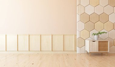 Büyük bir duvarı olan boş İskandinav aydınlatma odası fikri. Arkaplan iç mimarisi. İç mekan fikri. 3B illüstrasyon