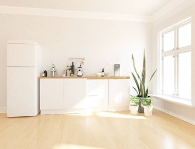 Geniş bir mutfak odası, yemek mobilyaları ve büyük duvarları var. İç mekan olarak İskandinav tarzı. 3B illüstrasyon