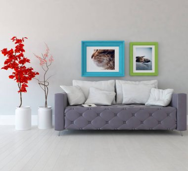 Beyaz oturma odasının içinde kanepe, ahşap zeminde güneş ışığı, büyük bir duvarda dekor. Renkli elementlerin iç mimarisi ile kuzeye dönük. 3B illüstrasyon