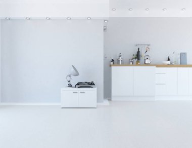 Geniş bir mutfak odası, yemek mobilyaları ve büyük duvarları var. İç kısımları kuzeyli. 3B illüstrasyon